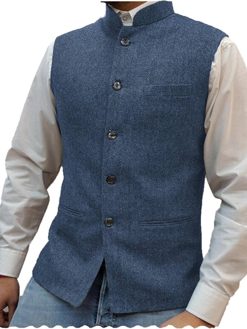 Mens Suit Tweed Vest High Collar Herringbone Waistcoat Wool